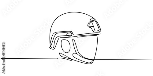 Single continuous line drawing illustration of a hockey helmet, isolated on white, ideal for sports design, minimalism, or artistic projects.