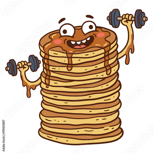 Stack of cartoon pancakes lifting dumbbells with a happy expression. Fitness and healthy eating concept for cheerful design, hand-drawn