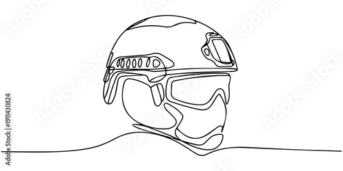 Single continuous line drawing illustration of a hockey helmet, isolated on white, ideal for sports design, minimalism, or artistic projects.