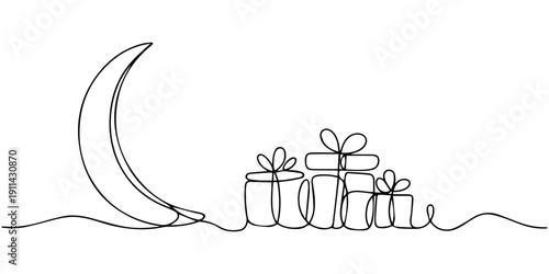 Single continuous line drawing of present gift hanging on the moon at the cloudy sky. Muslim holiday, Eid ul Fitr greeting card concept one line draw design illustration