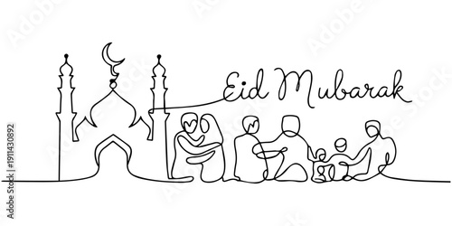 Ramadan kareem in one continuous line drawing. Islamic decoration with lanter, star and moon in simple linear style.one line  vector illustration  with out background Muslim Eid Mubarak Celebration co
