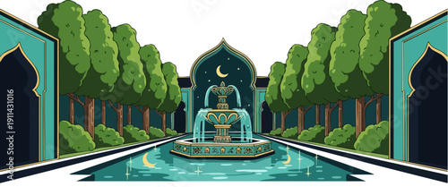 WebEnchanting pixel art depiction of a serene moonlit garden featuring a symmetrical fountain centerpiece and lush symmetrical trees creating a magical night atmosphere