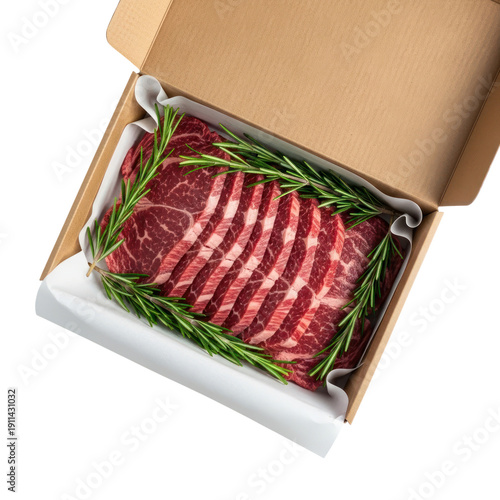 Raw meat in box, fresh beef slices packed in cardboard container