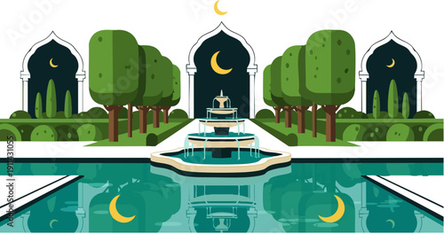 Vector illustration of a tranquil Islamic garden at night, featuring a tiered fountain, lush green trees, and elegant archways with golden crescent moons reflected in the aqua pool.