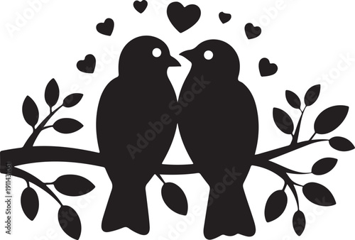 Romantic Love Birds Sitting on Branch with Hearts, Black Silhouette Vector