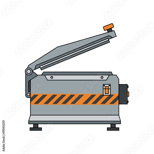 Industrial lid sealer machine with open lid isolated on white background, featuring gray and orange striped design