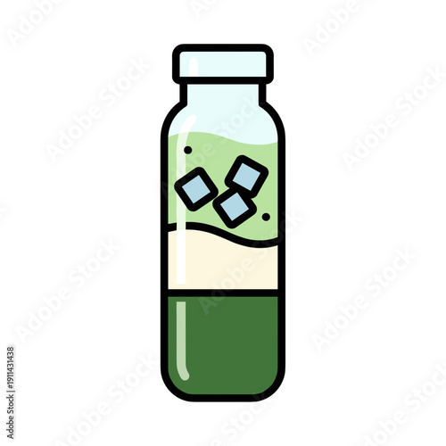 Illustration of iced matcha in a transparent bottle isolated on a white background with floating ice cubes and green tea layers