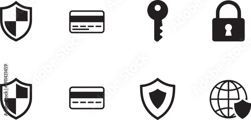 Black and white of shield credit card and lock padlock