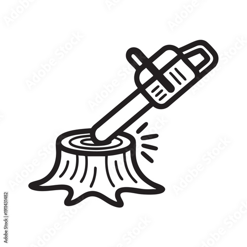 An axe is being driven into a wooden stump with force from an overhead viewpoint in a forest environment illustration