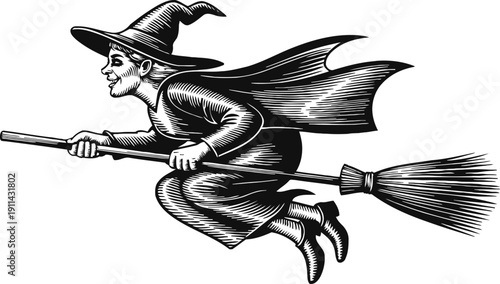 Vintage witch flying on broomstick black and white illustration with pointed hat and cloak