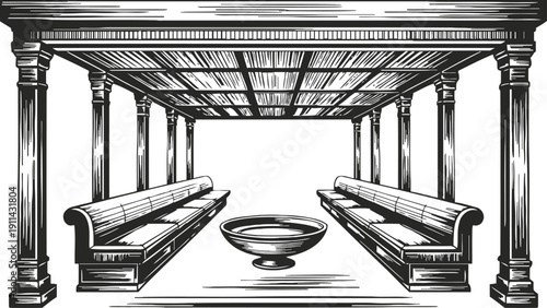 Classic pergola with wooden benches and central bowl, vintage architectural engraving
