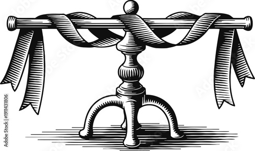 Vintage wooden table with decorative ribbons tied around the edges, black and white engraving