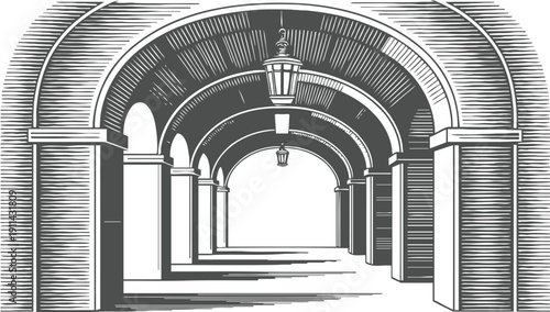 Elegant arched corridor with columns and lanterns, classic architectural passageway perspective