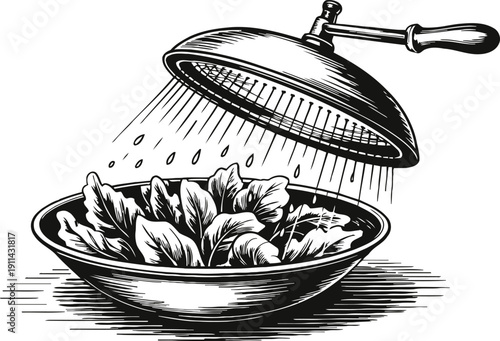 Vintage illustration of salad being washed under running water from a shower head