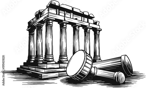 Ancient greek temple with classical columns and detached fallen pillars in black and white sketch