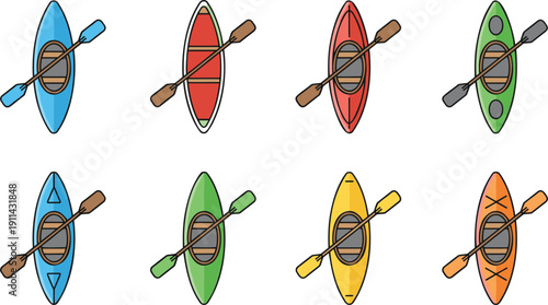Colorful Kayak and Paddle Top View Flat Vector Set Isolated on White Background