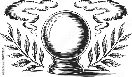 Mystical crystal ball with smoke and laurel branches in vintage engraving