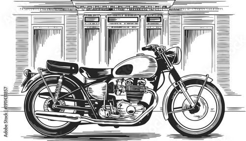 Classic vintage motorcycle side view illustration with detailed engine and frame design