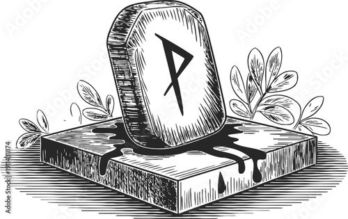 Rune stone standing on a slab with mysterious black liquid and leaves, mystical ancient symbol drawing