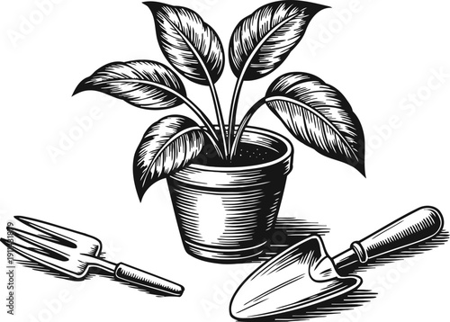 potted plant with gardening trowel and fork tools black and white botanical illustration