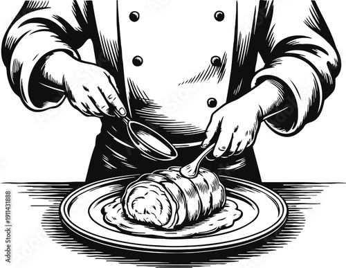 Chef preparing and garnishing a rolled meat dish on plate in detailed vintage line art