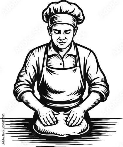Baker kneading dough at wooden table culinary chef wearing apron and hat preparing bread or pastry