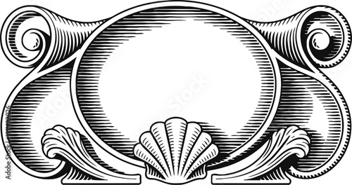 Vintage ornamental frame with shell and scrollwork design in black and white engraving