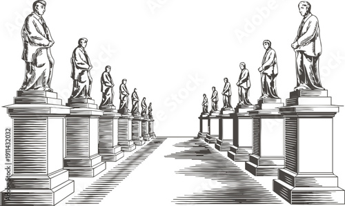 Row of classical statues on pedestals along an alley with perspective view and detailed engraving