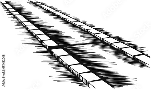 Black and white illustration of railroad tracks with detailed shading and perspective lines