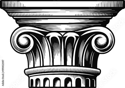 Classical ionic column capital with volutes and fluted design in detailed black and white illustration