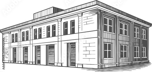 Classic two story office building line art illustration with large windows and multiple entrances