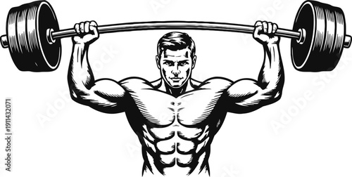 Muscular man lifting heavy barbell overhead, strength training and bodybuilding concept