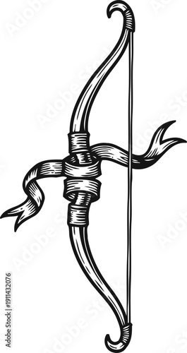 Vintage bow and arrow illustration with ribbon wrapped around the middle, hand drawn
