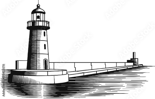 Black and white illustration of a lighthouse on a pier extending into calm water