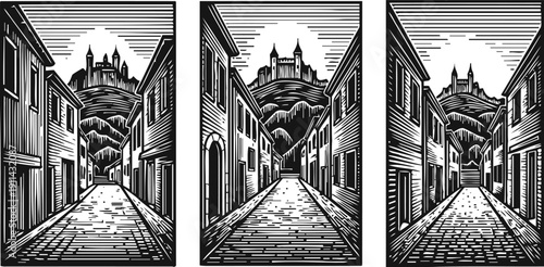 Medieval street leading to castle on hill with stone pathway and old village houses