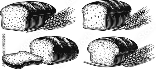 Black and white hand drawn whole and sliced bread loaves with wheat ears, bakery food illustration set