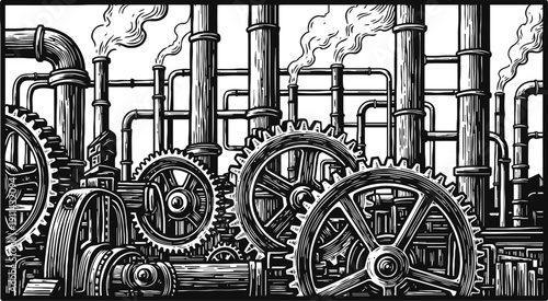Industrial factory with gears and pipes mechanical engineering and manufacturing process