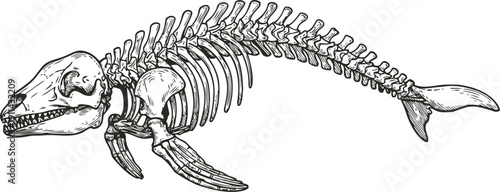 Detailed illustration of a prehistoric whale skeleton with skull, ribs, and tail bones