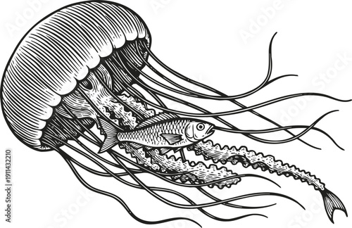 Jellyfish with long tentacles catching a fish underwater illustration black and white detailed drawing