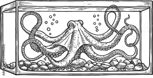 Octopus in aquarium tank illustration marine animal with tentacles and suction cups in underwater environment