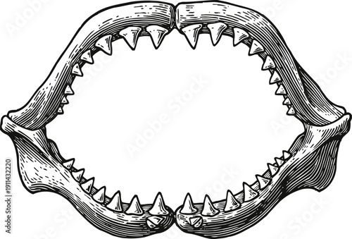 Illustration of open shark jaw with sharp triangular teeth in detailed vintage