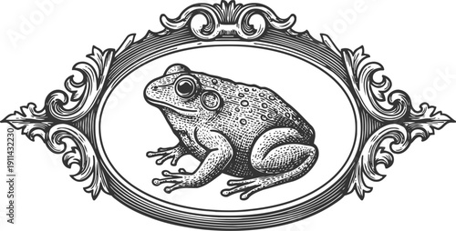 Vintage frog illustration inside decorative oval frame with ornamental scrollwork design