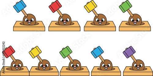 Cute Whack a Mole Game Cartoon Character Flat Vector Set Isolated on White Background