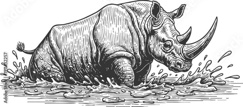 Black rhinoceros splashing water in a detailed vintage engraving illustration