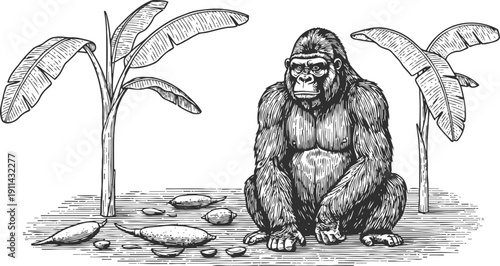 gorilla sitting between banana trees in a tropical jungle environment, detailed vintage illustration