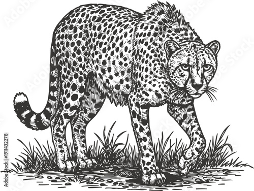 detailed black and white illustration of a walking cheetah in natural grass habitat