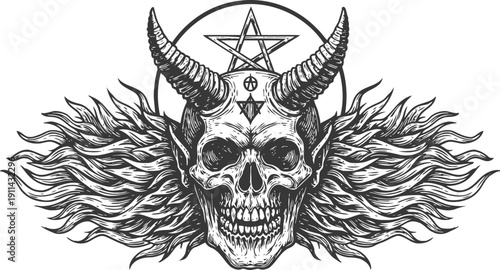 demonic skull with horns and flowing hair surrounded by occult pentagram symbol
