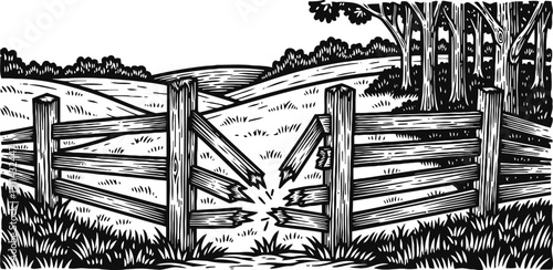 Broken wooden fence gate in countryside landscape rustic split rail barrier with trees and grassy field background
