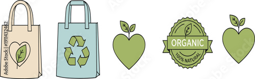 Eco Friendly Shopping Bags and Organic Green Icons Flat Vector Set Isolated on White Background