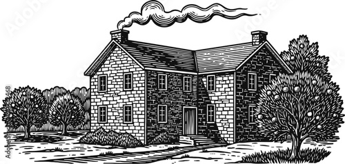 Vintage stone farmhouse with chimney smoke and fruit trees in rustic countryside